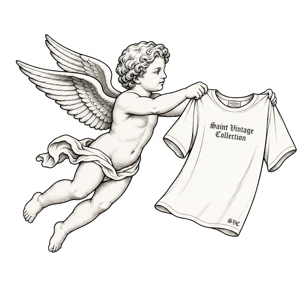 Angel holding a t-shirt — Saint Vintage Collection symbol